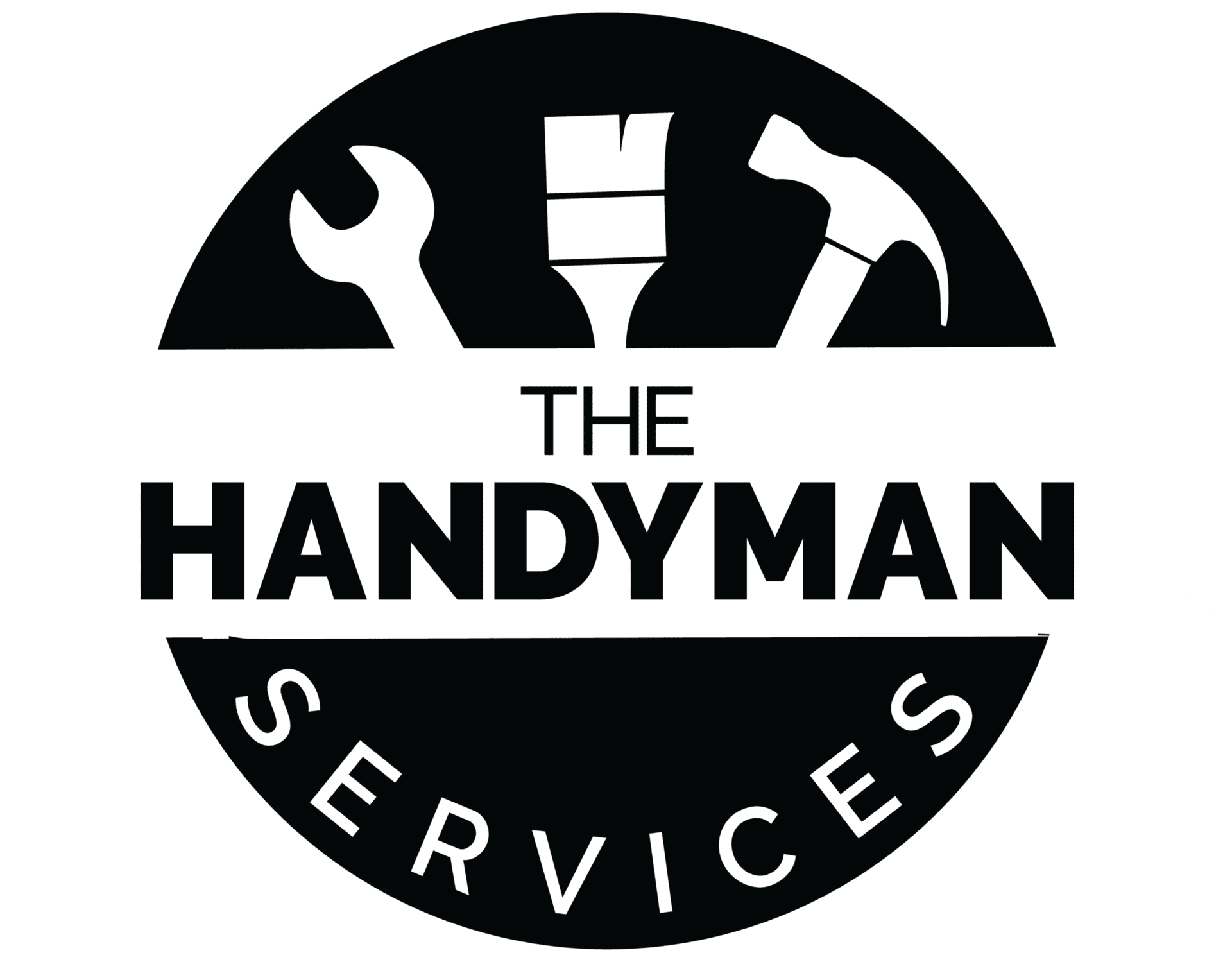 A black circular logo with a spanner, paintbrush, and hammer at the top. The text "THE HANDYMAN" is bold across the centre, with "SERVICES" curved along the bottom edge. - The Handyman Services York Region & Simcoe Region