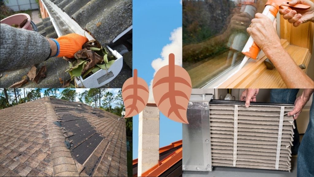 Fall home maintenance checklist. A collage showing gutter clearing, sealing a window, damaged roof tiles, an air filter replacement, and a central vent with leaf icons overlaid. - The Handyman Services York Region & Simcoe Region