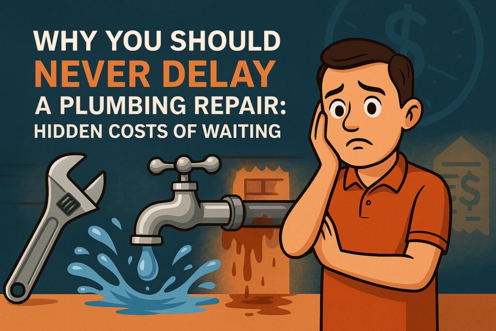 Hidden dangers of ignoring small plumbing or electrical issues. A worried man stands by a leaking tap and spilt water next to a large spanner. Text reads: "Why You Should Never Delay a Plumbing Repair: Hidden Costs of Waiting. - The Handyman Services York Region & Simcoe Region