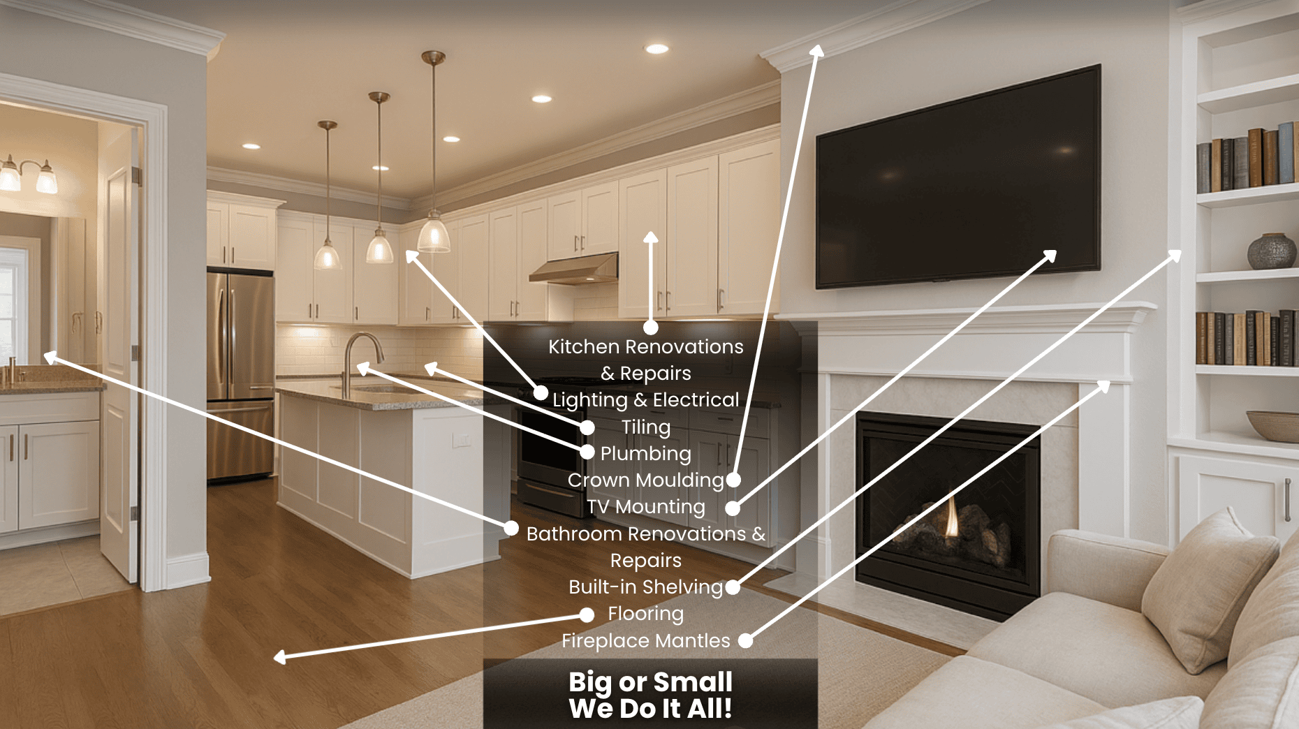 Modern kitchen and living room with white cabinetry, fireplace, wall-mounted telly, pendant lighting, and labelled home renovation services listed in the centre.