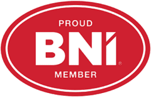 Red oval badge with the words 